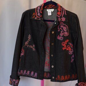 Coldwater Creek, Denim Jacket - Embroidered - Button Up - Dark Blue Small
